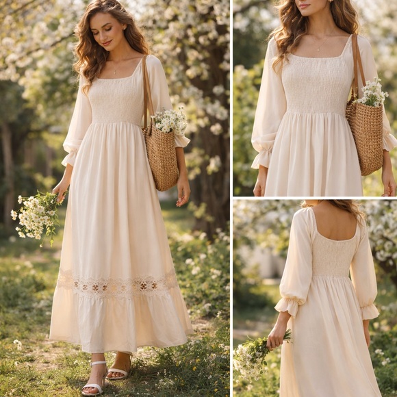 Zesica Dresses & Skirts - ZESICA Smocked Cottagecore Midi Dress Cream Milkmaid Spring Boho Large